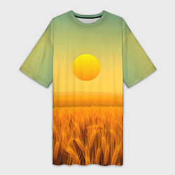 Футболка женская длинная Закат над пшеничным полем, цвет: 3D-принт