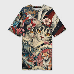 Футболка женская длинная Котики и рыбки в сакуре, цвет: 3D-принт