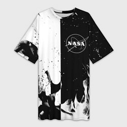 Женская длинная футболка Nasa черно белый огонь