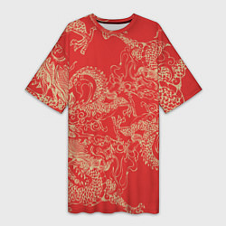 Женская длинная футболка Золотые драконы на красном