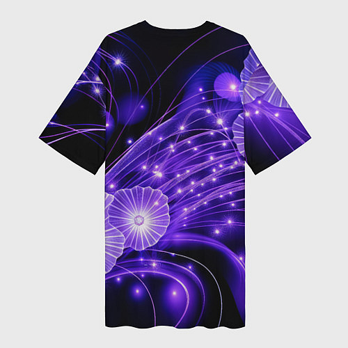 Женская длинная футболка Силуэты цветов на темном фоне - фиолетовое свечени / 3D-принт – фото 2