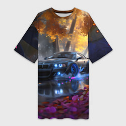 Футболка женская длинная BMW синие неоновые фары, цвет: 3D-принт