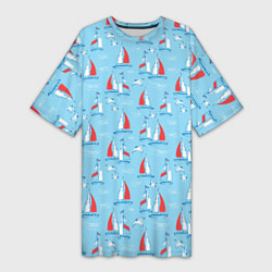 Женская длинная футболка Морской паттерн с парусными лодками и чайками