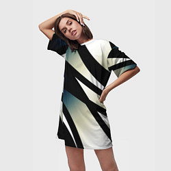 Футболка женская длинная Чёрно-белый с синим затемнением полосы, цвет: 3D-принт — фото 2