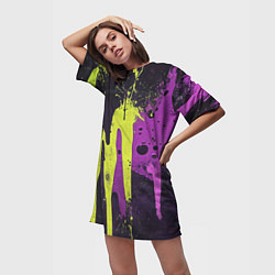 Футболка женская длинная Желтая и фиолетовая краска на черном, цвет: 3D-принт — фото 2