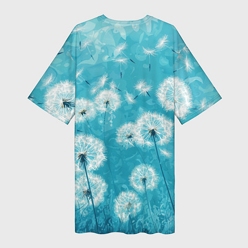 Женская длинная футболка Белые одуванчики на бирюзовом фоне / 3D-принт – фото 2