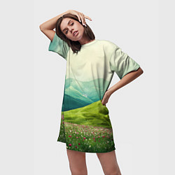 Футболка женская длинная Горы и поле с цветами - зеленый пейзаж, цвет: 3D-принт — фото 2