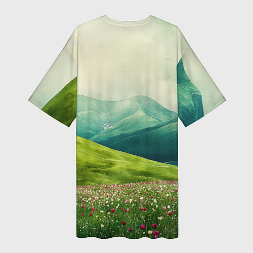 Женская длинная футболка Горы и поле с цветами - зеленый пейзаж / 3D-принт – фото 2