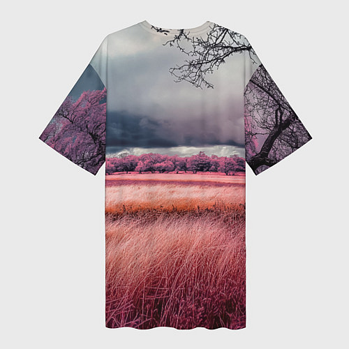 Женская длинная футболка Поле и деревья пейзаж - инфракрасный стиль / 3D-принт – фото 2