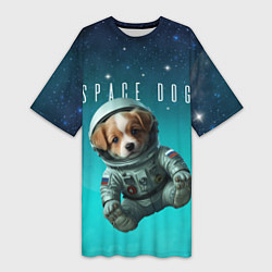 Футболка женская длинная Собака в бирюзовом космосе, цвет: 3D-принт