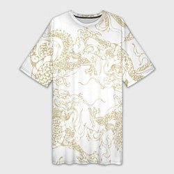 Футболка женская длинная Золотой дракон в виде узора на белом, цвет: 3D-принт