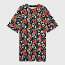 Футболка женская длинная Черепа и цветы Santa Muerte, цвет: 3D-принт