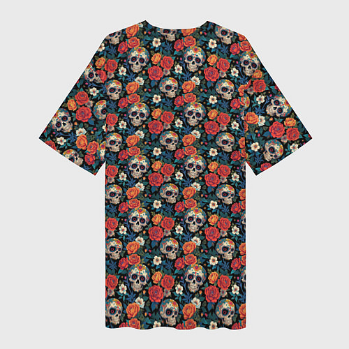 Женская длинная футболка Черепа и цветы Santa Muerte / 3D-принт – фото 2