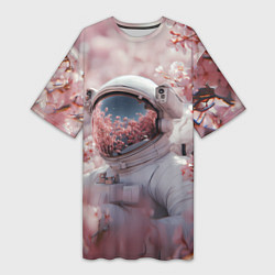 Футболка женская длинная Космонавт в весенних листьях, цвет: 3D-принт