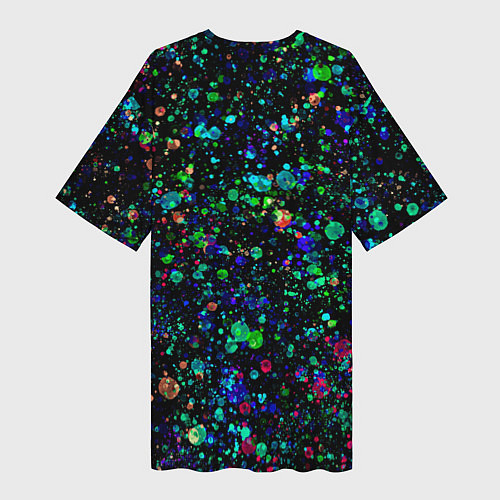 Женская длинная футболка Чёрный с брызгами сине-зелёными абстракция / 3D-принт – фото 2
