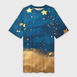 Футболка женская длинная Золотые звезды на синем фоне текстура, цвет: 3D-принт