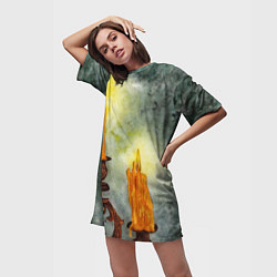 Футболка женская длинная Две горящие свечи в темноте, цвет: 3D-принт — фото 2