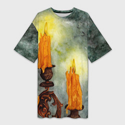 Женская длинная футболка Две горящие свечи в темноте