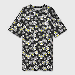 Футболка женская длинная Белые цветы ромашки на черном в мелкий горошек, цвет: 3D-принт