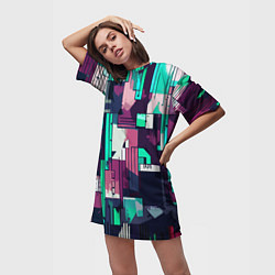 Футболка женская длинная Абстракция бирюзовый с розовым геометричный, цвет: 3D-принт — фото 2