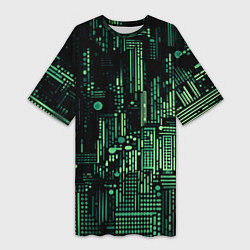 Женская длинная футболка Чёрно-зелёный абстракция точки полоски