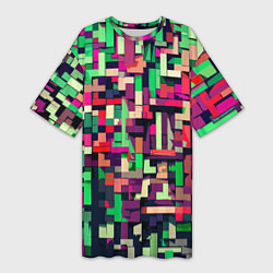 Футболка женская длинная Зелёно-розовый геометричные фигуры, цвет: 3D-принт