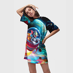 Футболка женская длинная Том и Джерри летят в ракете - нейроарт, цвет: 3D-принт — фото 2