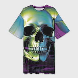 Футболка женская длинная Черепа отливающие неоном, цвет: 3D-принт