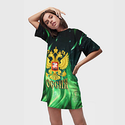 Футболка женская длинная Россия на фоне зеленого огня, цвет: 3D-принт — фото 2