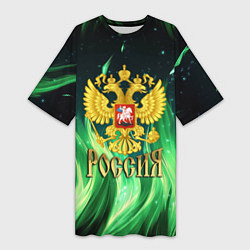 Футболка женская длинная Россия на фоне зеленого огня, цвет: 3D-принт