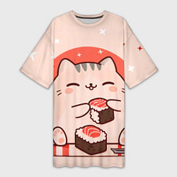 Футболка женская длинная Милый кот ест суши, цвет: 3D-принт