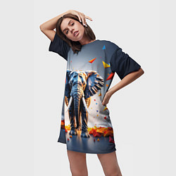 Футболка женская длинная Геометрический слон и цветные полигоны, цвет: 3D-принт — фото 2