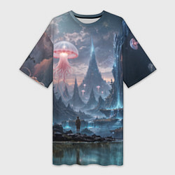 Женская длинная футболка Фантастический мир с медузами и озеро у гор