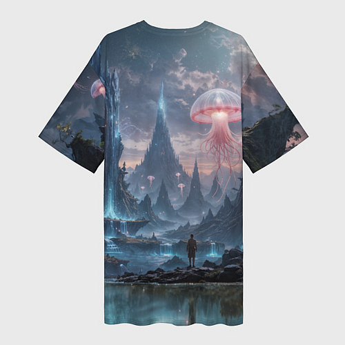 Женская длинная футболка Фантастический мир с медузами и озеро у гор / 3D-принт – фото 2