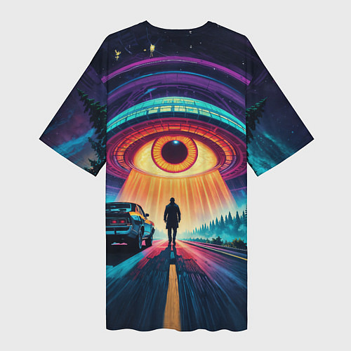 Женская длинная футболка НЛО в форме глаза и человек на дороге / 3D-принт – фото 2