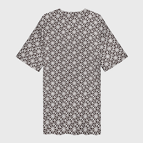 Женская длинная футболка Коричневый в белый стилизованный цветочный узор / 3D-принт – фото 2