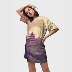 Футболка женская длинная Ретро иллюстрация Японского храма, цвет: 3D-принт — фото 2