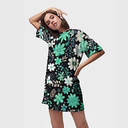 Футболка женская длинная Чёрный в зелёный цветочек стилизованный, цвет: 3D-принт — фото 2