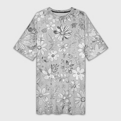 Футболка женская длинная Цветочный светло-серый паттерн, цвет: 3D-принт