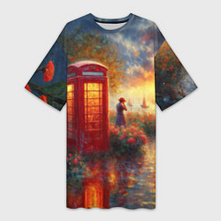 Футболка женская длинная Пейзаж с красной телефонной будкой, цвет: 3D-принт