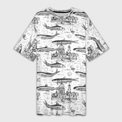 Женская длинная футболка Корюшка и рыбалка в Питере паттерн