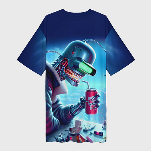Женская длинная футболка Кибер Бендер пьёт лимонад - неоновое свечение / 3D-принт – фото 2