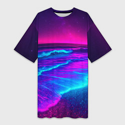 Футболка женская длинная Неоновое море - ночные волны, цвет: 3D-принт