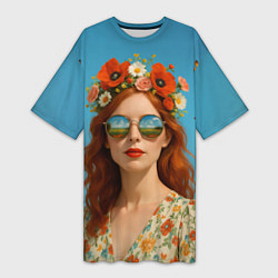 Футболка женская длинная Девушка в очках, цвет: 3D-принт