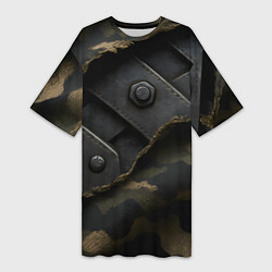 Футболка женская длинная Порванная камуфляжная ткань с металлом, цвет: 3D-принт
