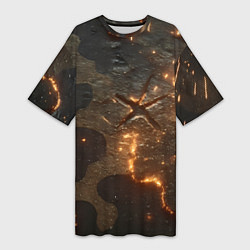 Футболка женская длинная Искры в разломах на камуфляже, цвет: 3D-принт