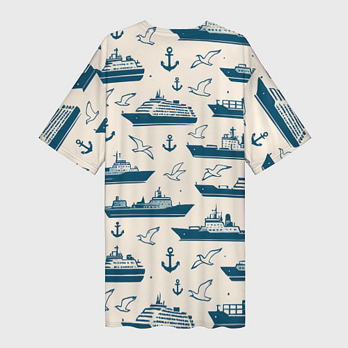 Женская длинная футболка Морской паттерн из чаек, якорей и кораблей / 3D-принт – фото 2