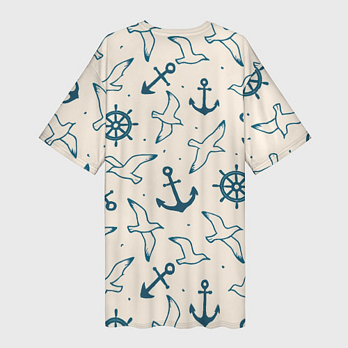 Женская длинная футболка Морской паттерн из штурвалов, чаек и якорей / 3D-принт – фото 2