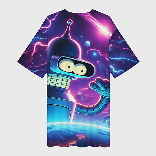 Женская длинная футболка Bender in neon space - cartoon Futurama / 3D-принт – фото 2