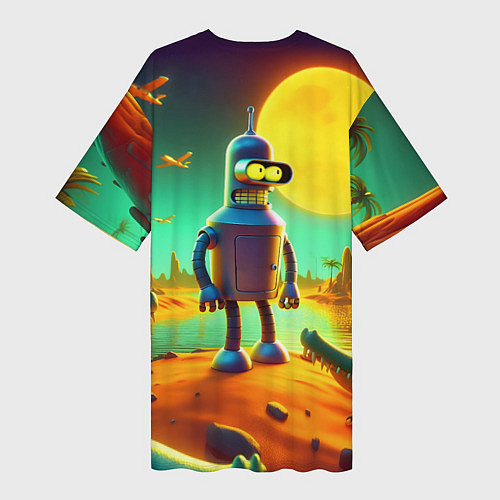 Женская длинная футболка Робот-сгибальщик Бендер на планете крокодилов / 3D-принт – фото 2